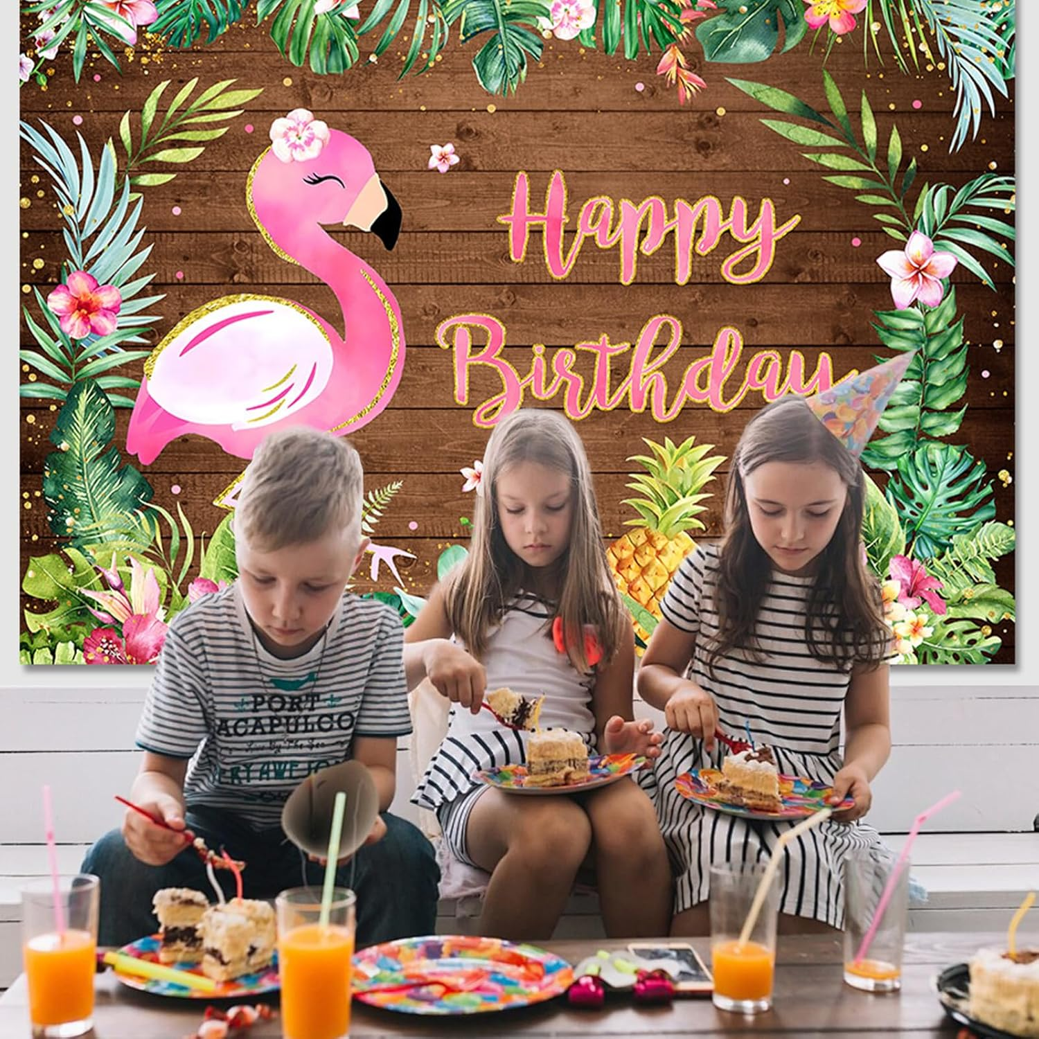 APROPHIC Flamingo Birthday Party Background 2.1 X 1.5 Cm Tropical Fruits, Palm Leaf Background, Happy Birthday Flamingo Decoration, Photo Booth Props, Cake Table Accessories image number 3