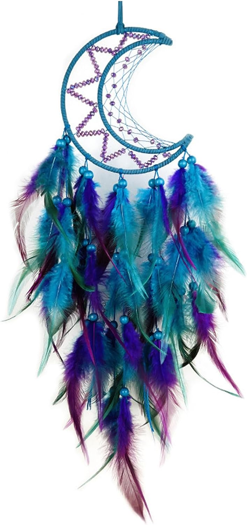 Moon Dream Catcher Handmade Feather Wood Beads Wall Hanging Decor - Blue Purple Bohemian Ornament for Kids Bedroom Home Decoration - Art Craft Gift image number 1