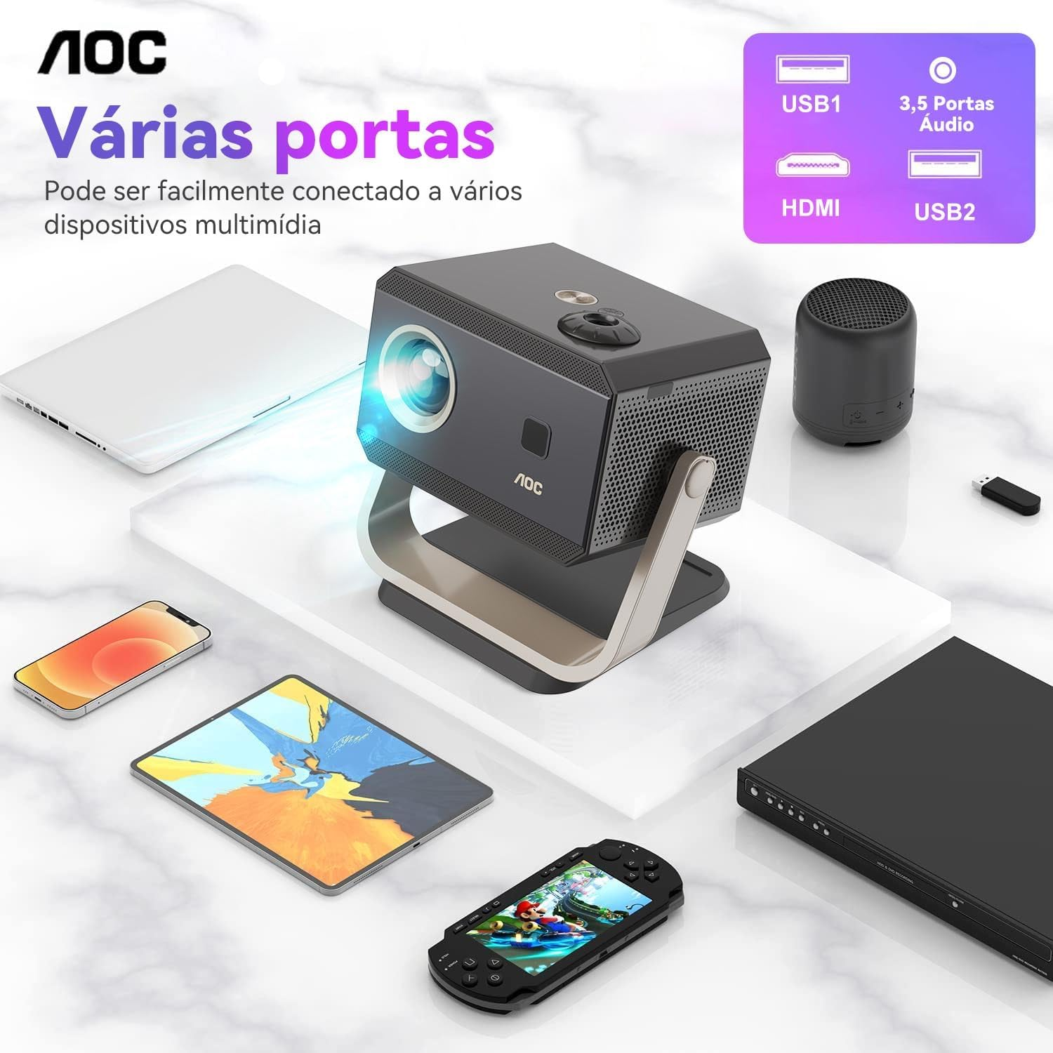 AOC Portable Projector Full HD 4K/1080P,15000 Lumen,500 Ansi,Autofocus/Auto Keystone Correction/Projector with Wifi6 and Bluetooth,Compatible with Ios/Android/Pc/Ps4/Ps5 for Work and Gaming image number 4