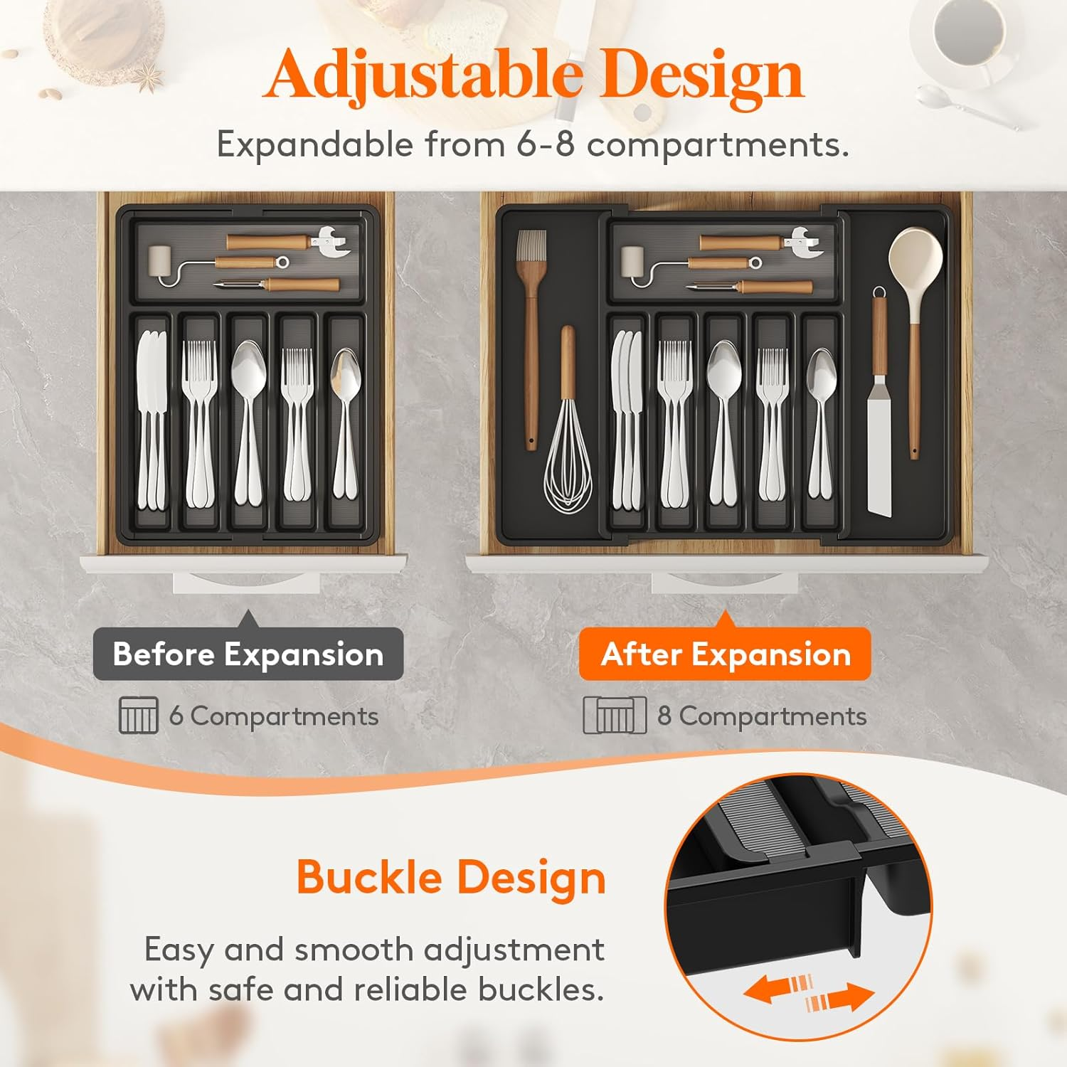 Lifewit Silverware Drawer Organizer, Expandable Utensil Tray with Non-Slip TPR, Deep Flatware Cutlery Holder, Adjustable Plastic Kitchen Storage for Spoons Forks Knives, Large, Black and Gray image number 1