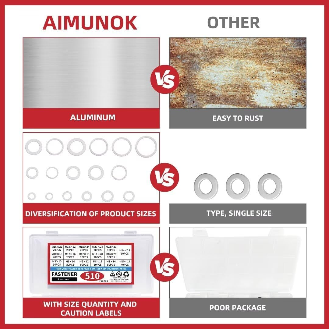 510Pcs Aluminium Sump Plug Washer Kit - Assorted Crush Washers with Key Sizes M12/M14/M16/M20 + Full Range M5-M24, Metric Oil Drain Plug Gasket Set for Automotive Maintenance image number 6