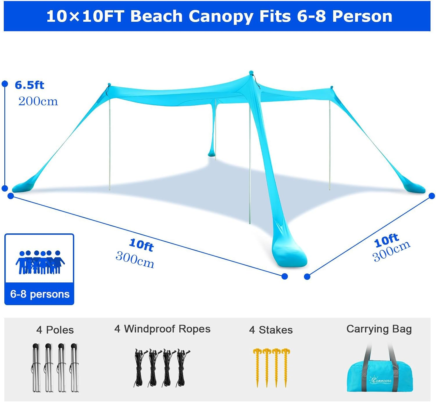 Beach Tent, Camping Sun Shelter with UPF50+ Protection, Sand Shovels, Ground Pegs and 4 Stability Poles, Outdoor Pop up Beach Shade Canopy, Backyard or Picnics (300 * 300 * 200Cm)
