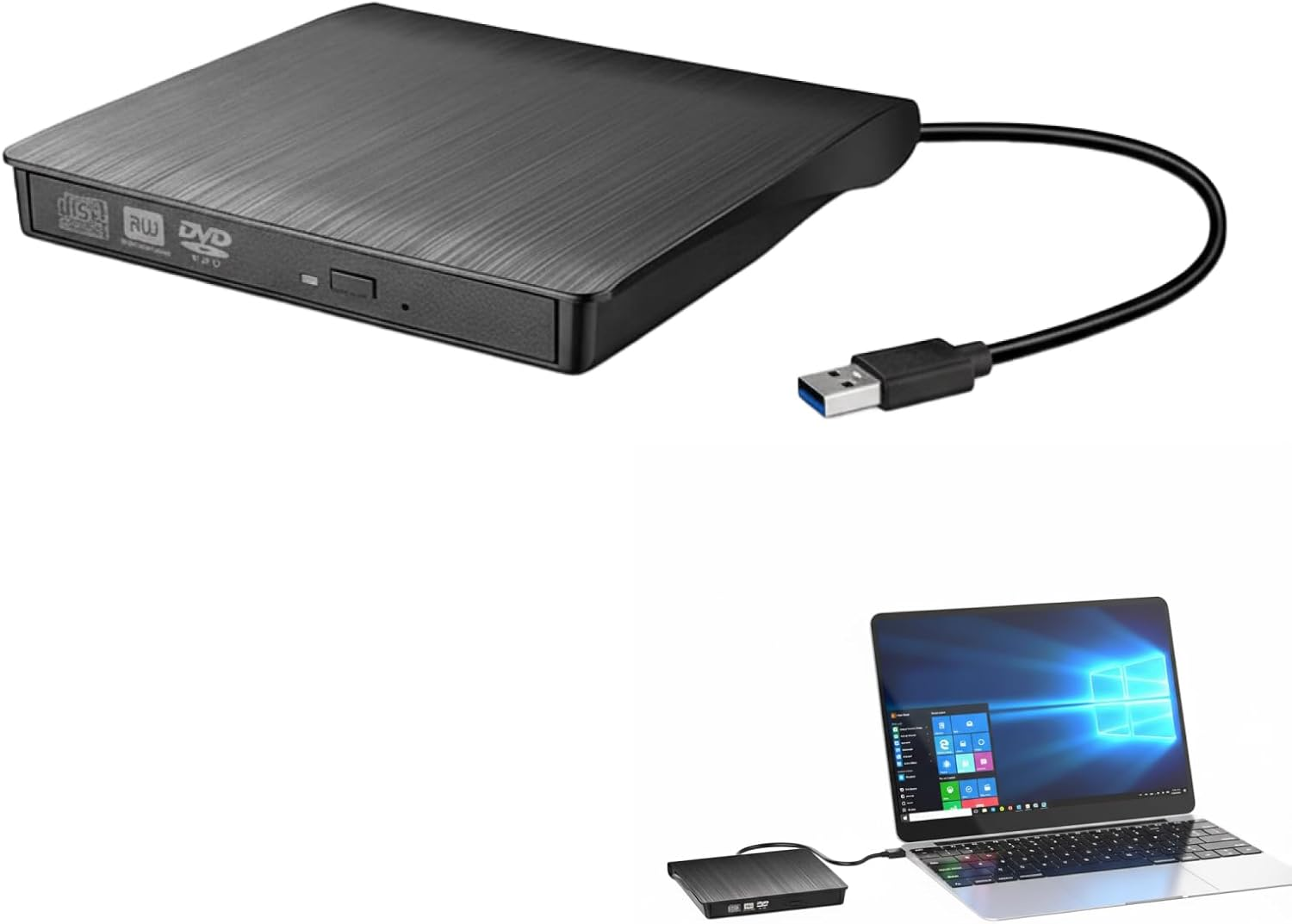 USB 3.0 External CD DVD Drive Slim Portable Optical Drive Player Writer Burner for Windows 10 8 7 XP Vista, Compatible with PC Laptop, High-Speed Read Write, Black image number 3