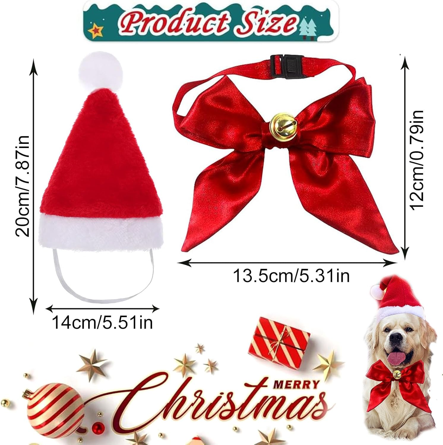Pack of 2 Christmas Dog Costume, Cat Costume, Christmas Hats for Cats, Christmas Pet Collar, Dogs Cats, Christmas Hats and Bow Tie Collar, for Pets, Red image number 1
