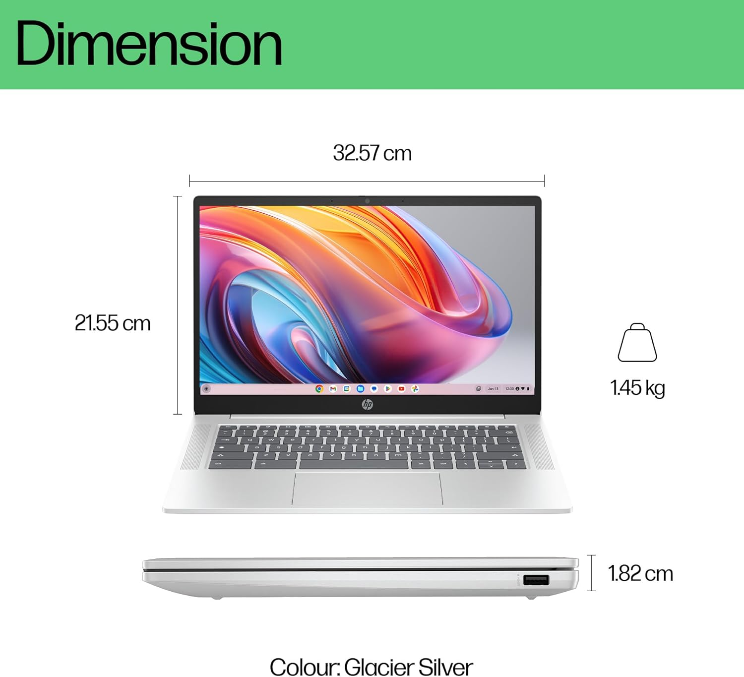 HP Chromebook 14A, 14-Inch HD Display, Intel Processor N100, 4GB RAM, 64GB Emmc, Intel UHD Graphics, Chromeos, Wi-Fi 6E, Bluetooth 5.3, Long Battery Life, Fast Charging, Glacier Silver, A1MT6PA