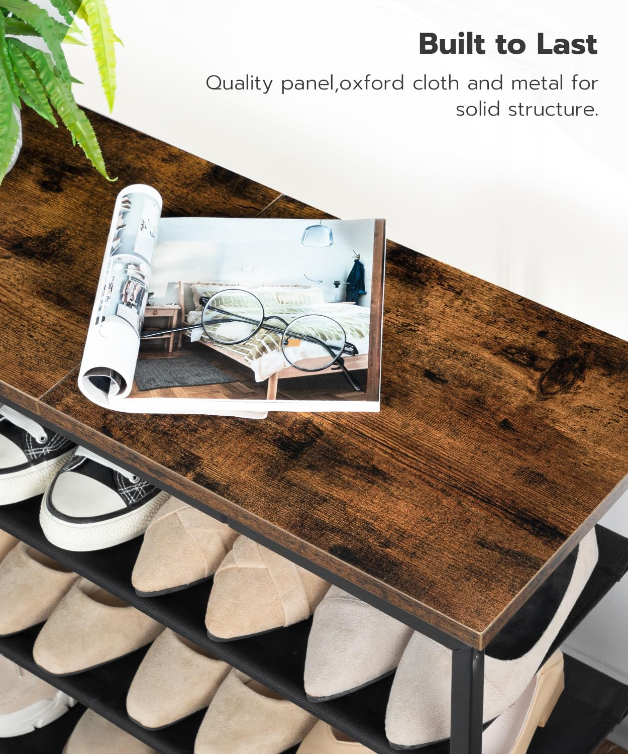 HOOBRO Shoe Rack, 4 Tier Shoe Storage Organizer with 3 Oxford Fabric Shelves and Top Panel, Holds 12-16 Pairs of Shoes for Entryway and Closet, Industrial, Rustic Brown BF47XJ01G1 image number 2