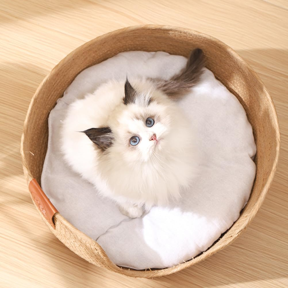 Cat Beds for Indoor Cats :Bed Cat Sleeping Nest for Indoor Small Cats Kitten round Straw Woven Cat Bed with Removable Pad Semi-Enclosed Breathable Basket image number 3