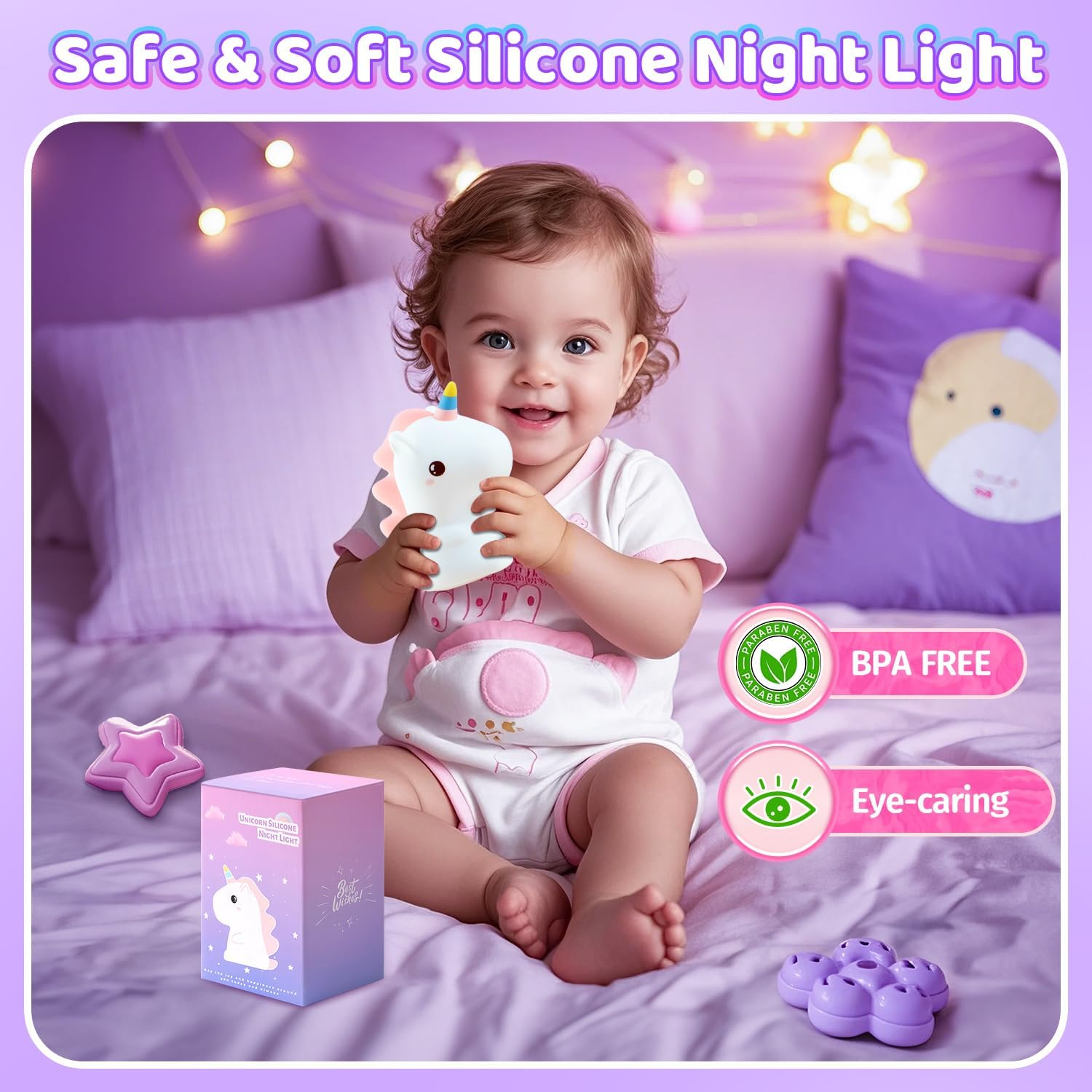 One Fire Unicorn Night Light, 16 Color Changing, LED, Rechargeable, Pink, Silicone, Kids Room Decor image number 2