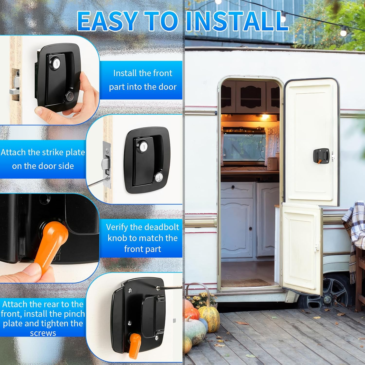 RV Door Lock Replacement, Aluminum Alloy Upgraded Lighter RV Door Latch with Paddle Deadbolt & 4 Keys, 100% Metal Camper Door Locks, RV Entry Door Lock for Travel Trailers Cargo Hauler, Black image number 5