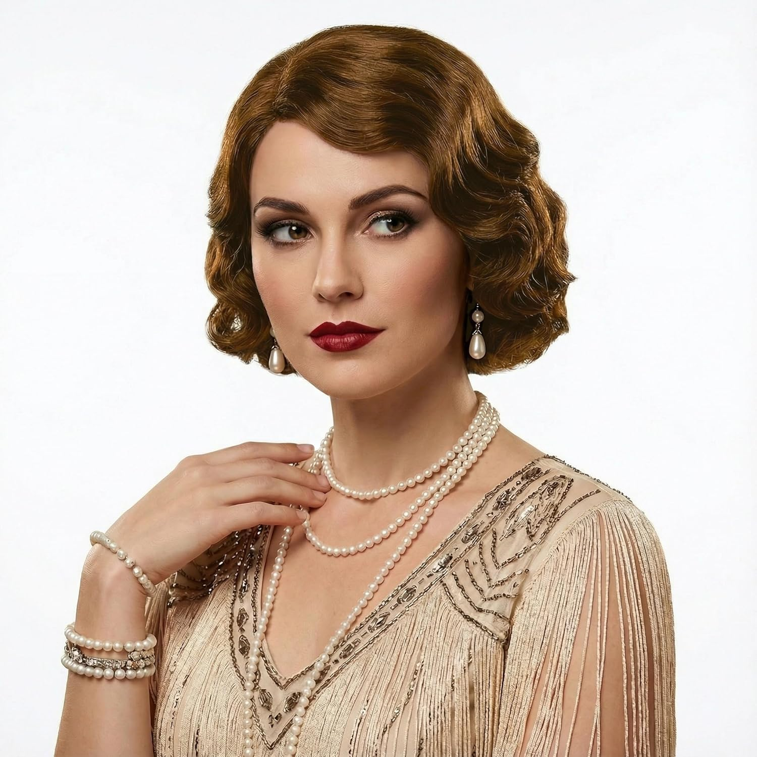 Short Brown 1920S Wig for Women Gatsby Roaring 20S Finger Wave Party Synthetic Full Vintage Wigs for Womens Lady Cosplay Costume Fancy Dress 1920 Flapper Wig image number 5