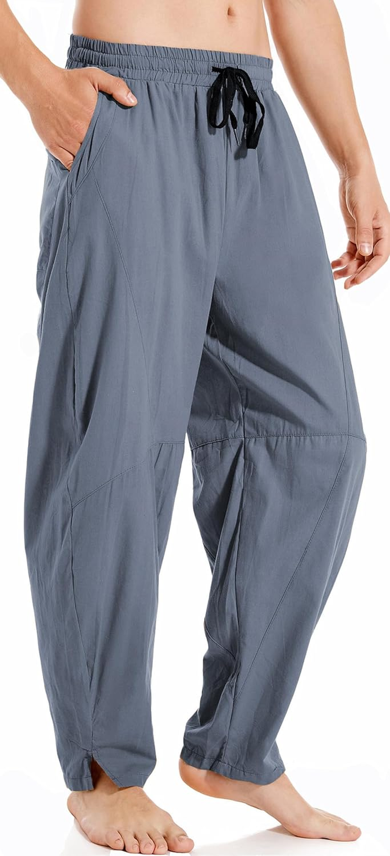 AITFINEISM Men'S Casual Linen Cotton Pants Comfy Loose Fit Elastic Waist Wide Leg Trousers image number 6