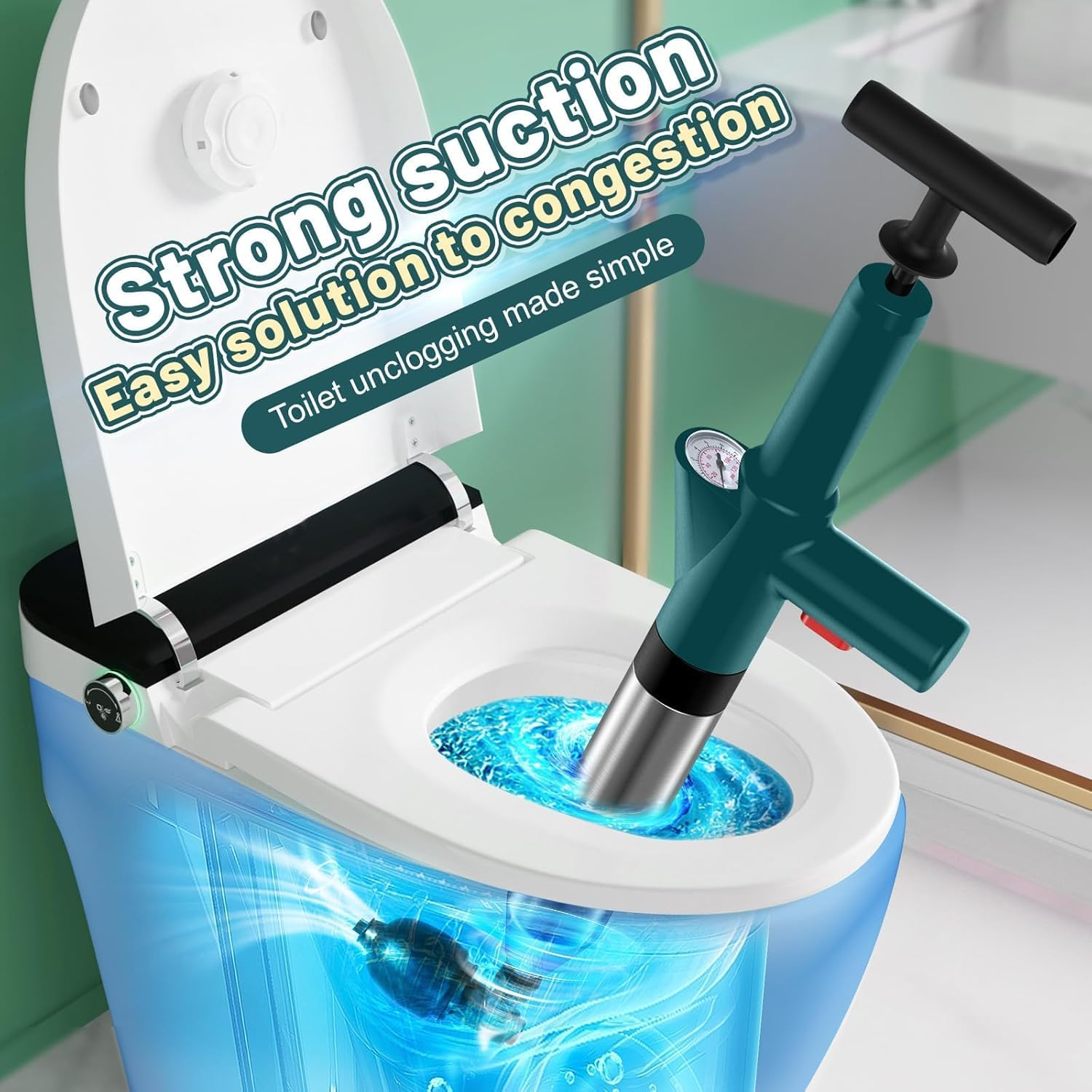 Toilet Plunger, Drain Clog Remover, High Pressure Air Drain Blaster Real-Time Barometer Plunge Blaster Multi-Drain Unclogger for Toilets, Plungers for Bathroom, Sink, Floor, Kitchen Clogged image number 3