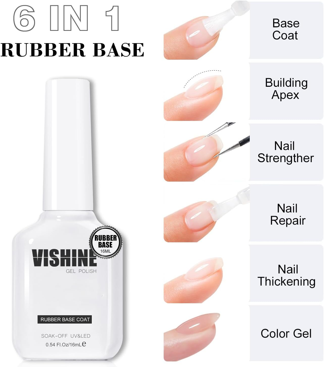 Vishine 16Ml Deep Nude Rubber Base Builder Gel, 6 in 1 Rubber Base Gel Polish for Nail Thickening, LED Nail Lamp Cured Nail Strengthener Extension Color Base Gel in a Bottle R066 - Bubble Pink image number 6