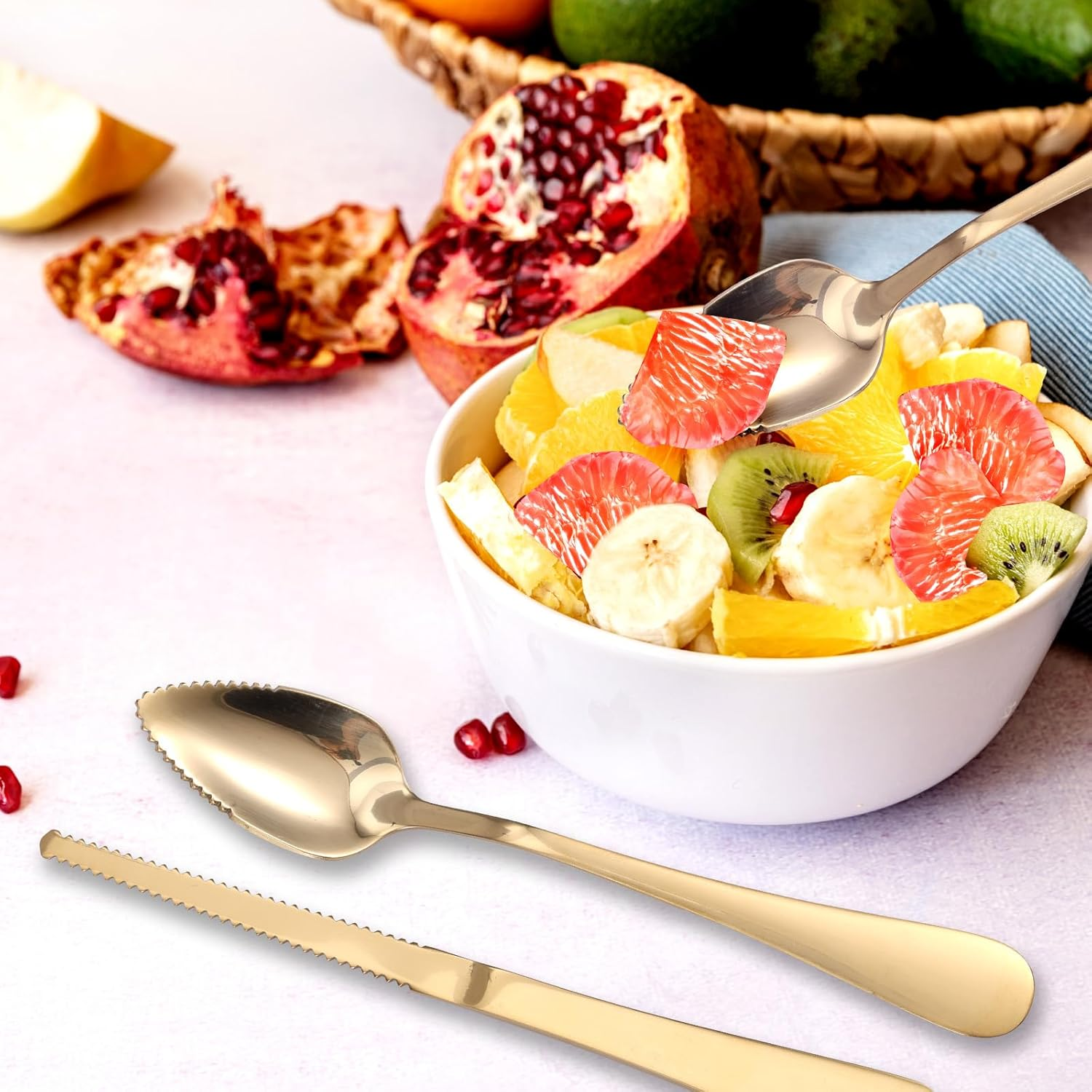3Pcs Grapefruit Spoons and Knife Set with Serrated Edge, Stainless Steel Grapefruit Curved Serving Utensils for Citrus Lemon Kiwi Melon Lime Apple Puree Pitaya Fruit Eating Tool (Gold) - Colorful image number 2