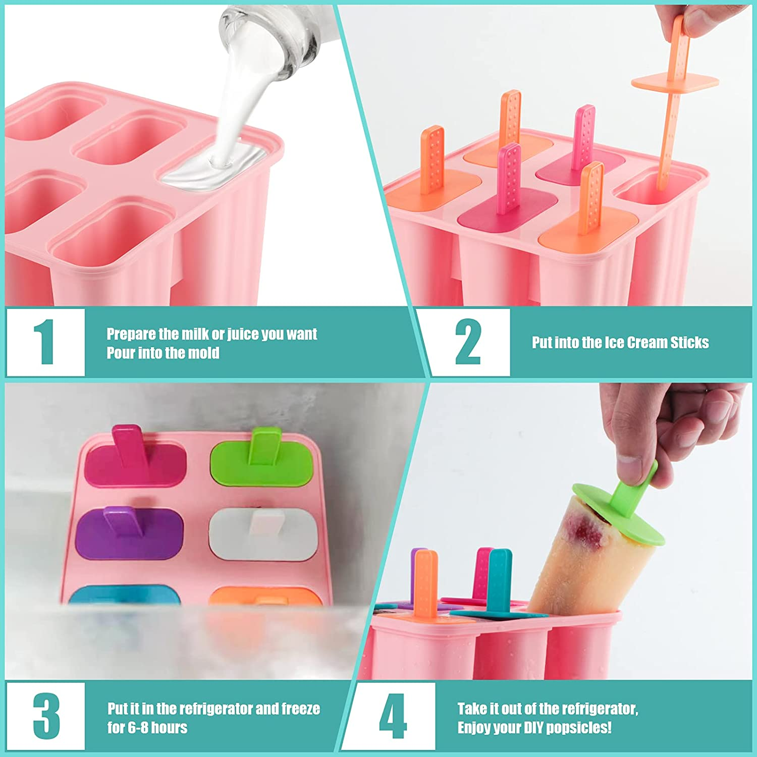 DEHUB Ice Cream Moulds, 6 Pieces Silicone Ice Pop Molds BPA Free Popsicle Mold Reusable Easy Release Ice Pop Maker - Food Grade Ice Pops Shapes for Homemade Popsicle image number 4