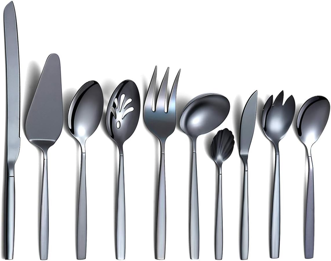 Berglander Gold Serving Utensils 10 Pieces, Titanium Golden Plating Serving Spoons, Included Cake Knife Cake Server Serving Forks Sugar Spoon Salad Spoon Forks Butter Knife Gravy Ladle Ect.