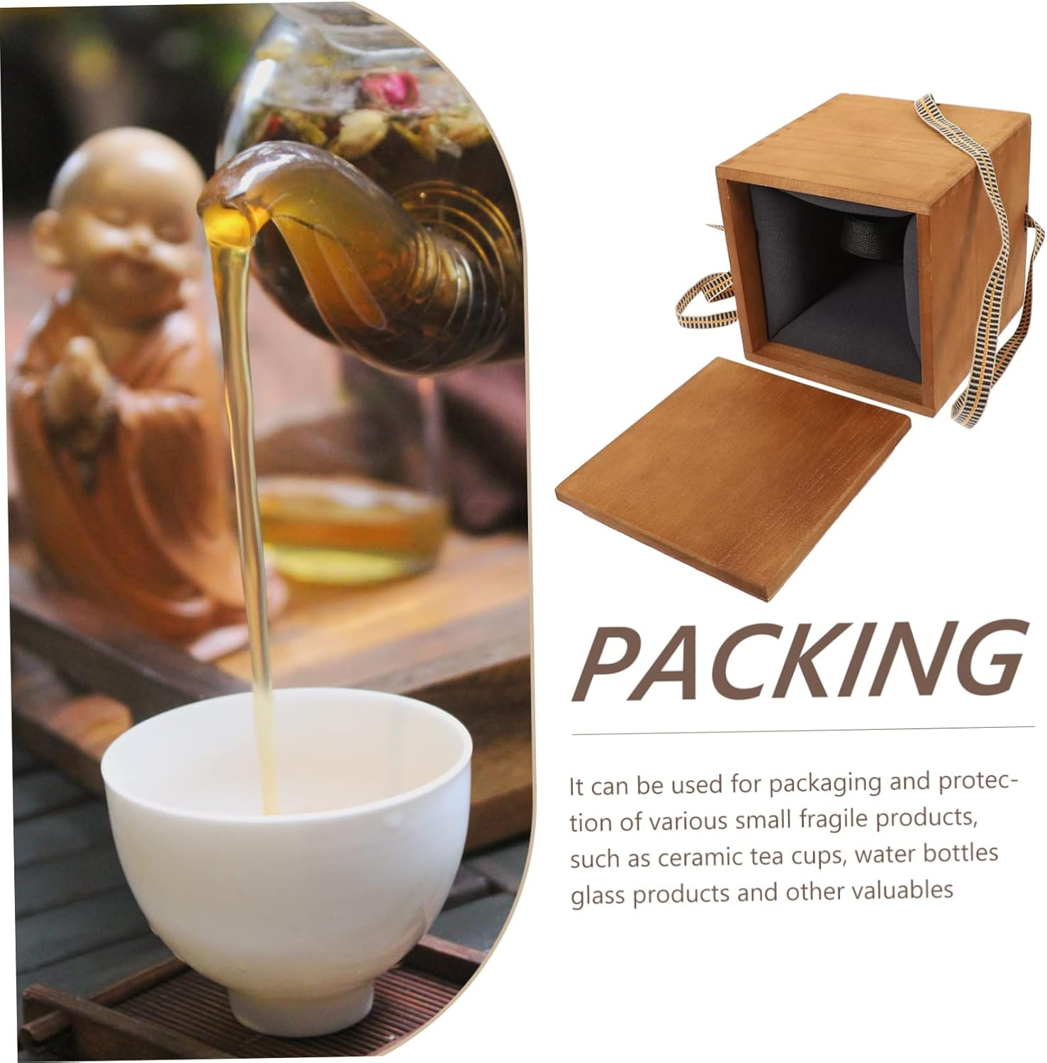 Vintage Style Ceramic Teacup and Vase Wooden Storage Box Lid Packaging Wooden Keepsake Box for Home Sundries and Decorative Display image number 4