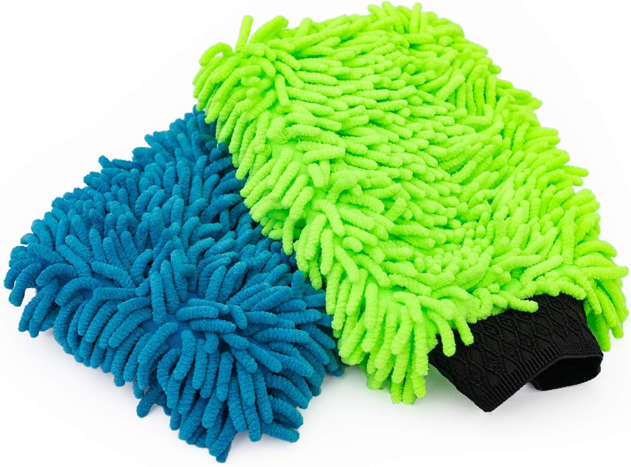 The Rag Company - Premium Chenille Microfiber Knobby Wash Mitts - Perfect for Car Washing and Detailing; Scratch-Free, Lint-Free, Double-Sided, Plush, and Absorbent; Lime Green (2-Pack)