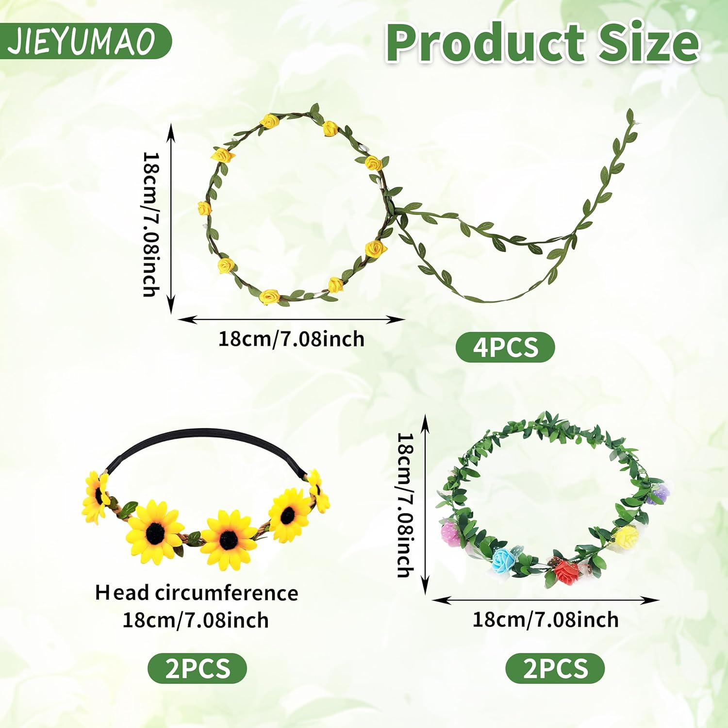 JIEYUMAO 8Pcs Flower Crown, Various Styles Artificial Floral Crown for Women, Fashion Daisy Flower Headband Floral Garland Headband Greenery Crown Bridal Hair Garland for Wedding Festival Party image number 6