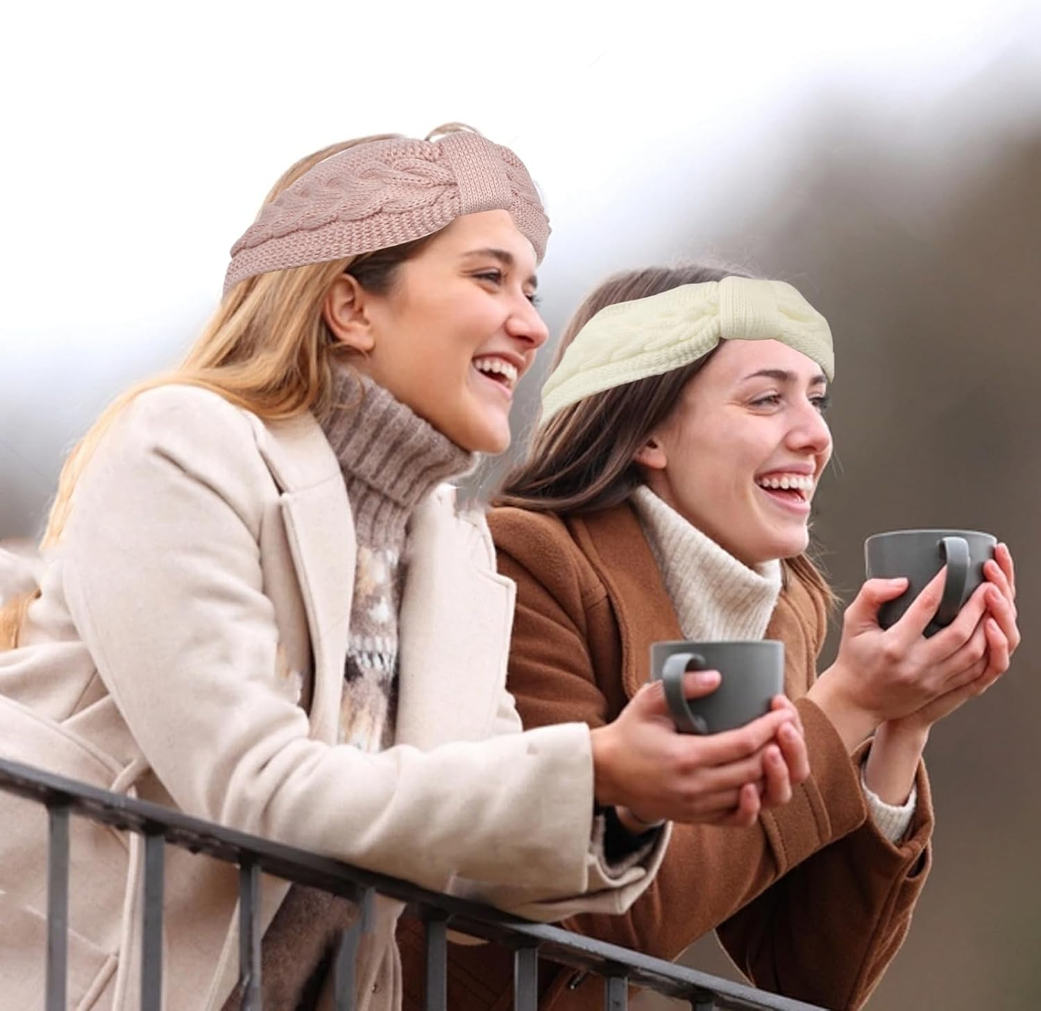 Pack of 2 Women'S Winter Headbands, Knotted Knitted Headband, Women'S Knitted Ear Warmers, Hair Band, Thick Headwrap Hair Bands, Girls Ear Warmers Headbands (White + Pink) image number 5