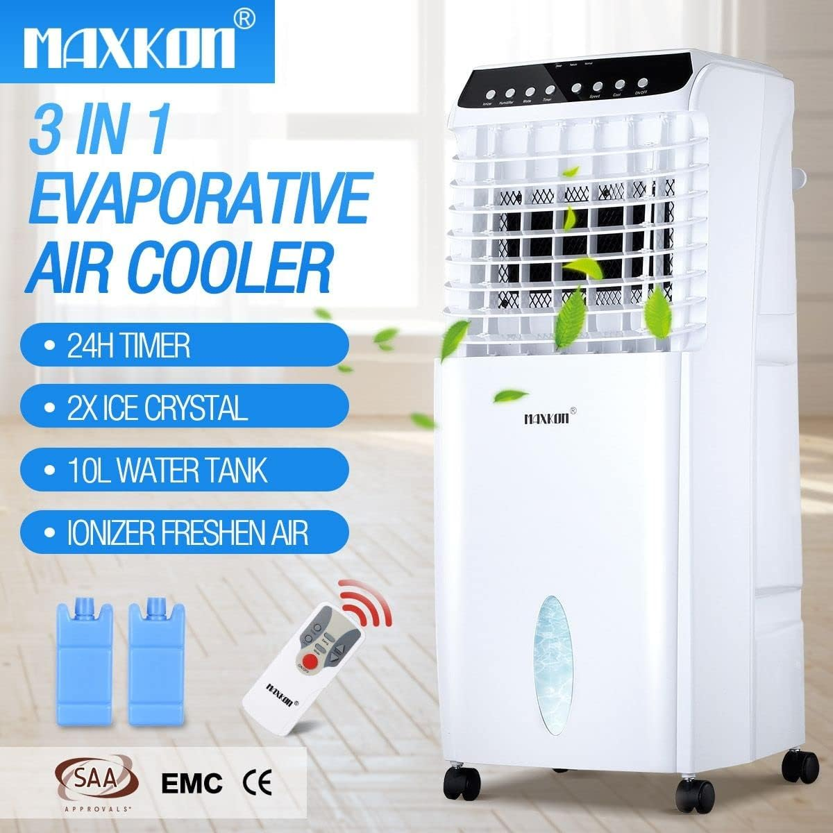 Maxkon 10L Portable Air Conditioner with 1300Cbm/Hour Air Flow Evaporative Air Cooler Fan with Ionizer/Humidifier Conditioner for 20-30CBM Home, Office