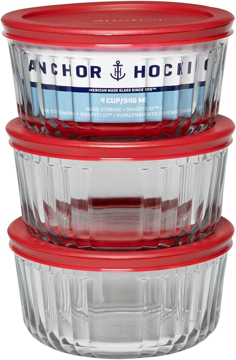 Anchor Hocking Sculptured Snugfit Glass Storage with Red Lids Set 6-Piece &ndash; Ideal for Prep, Reheat & Store &ndash; Durable Tempered Glass That Protects Food Flavors &ndash; 4 Cup Capacity Each