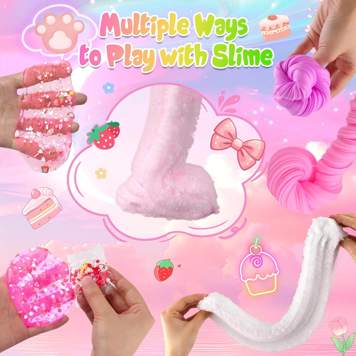 6 Packs Gradient Pink Slime Kit - Cloud Slime, Butter Slime & Clear Slime, Crunchy Slime for Kids with Various Slime Add-Ins, Non Sticky Slime Party Favors for Girls and Boys, 360Ml Kids Slime