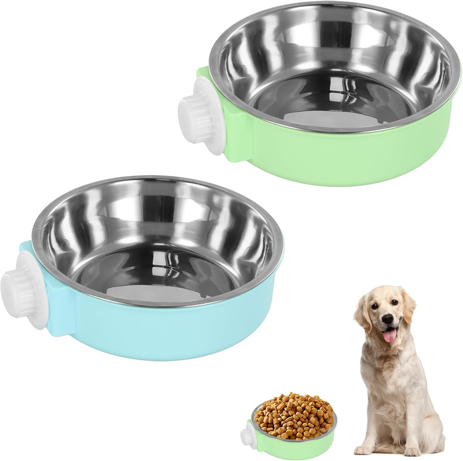 Anseom Pet Crate Water Bowls 2 Pcs, Large Capacity Dog Cage Water Bowls Removable Stainless Steel Hanging Cat Feeding Bowls with Bolt Holder for Dogs Cats Small Animals Blue and Green image number 5