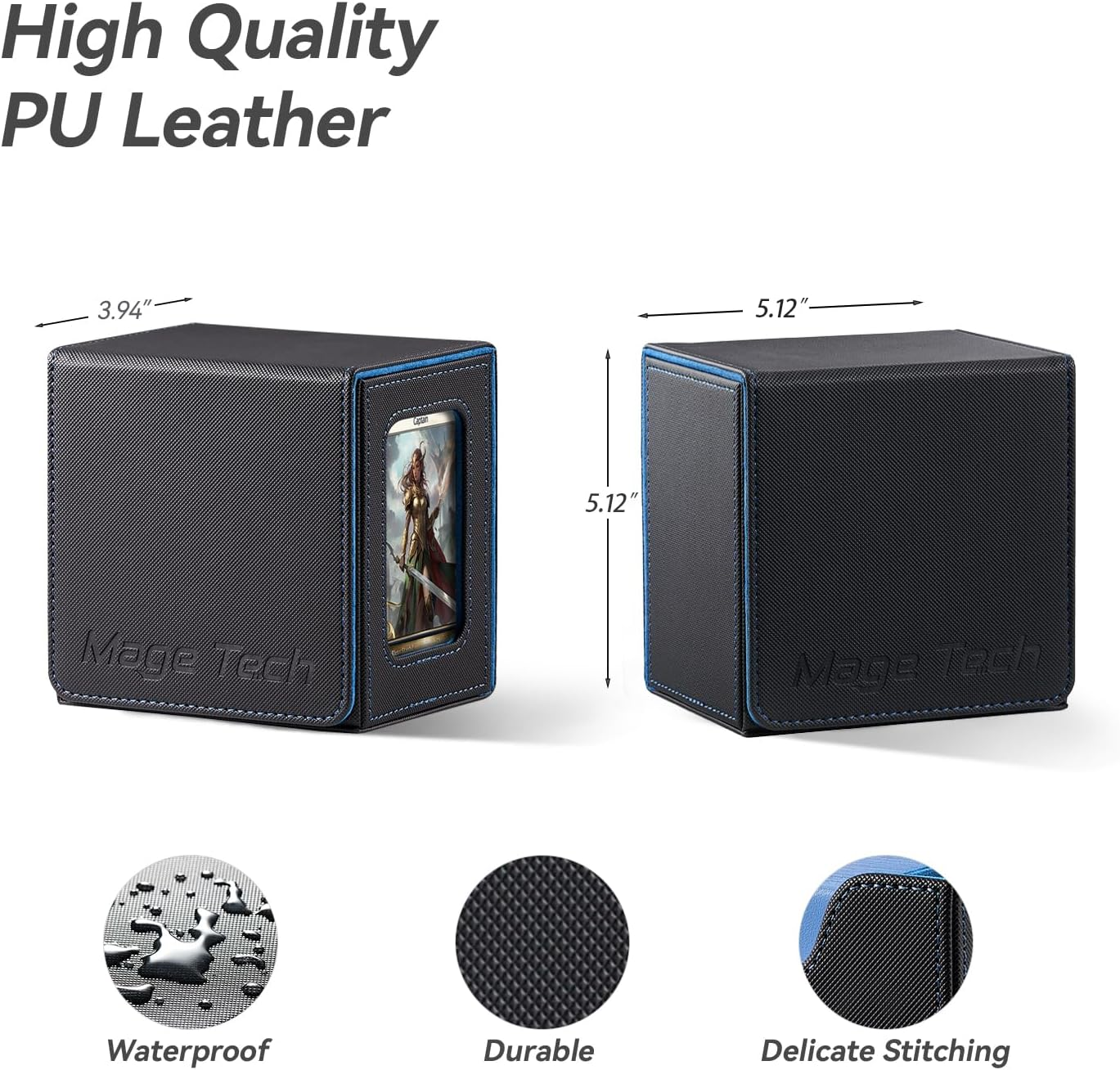 Mage Tech Card Deck Box for MTG Commander - Patented Design, Commander Display, Fits 100 Double-Sleeved Cards, 35Pt Card Brick & Dice Tray - Black/Blue image number 1