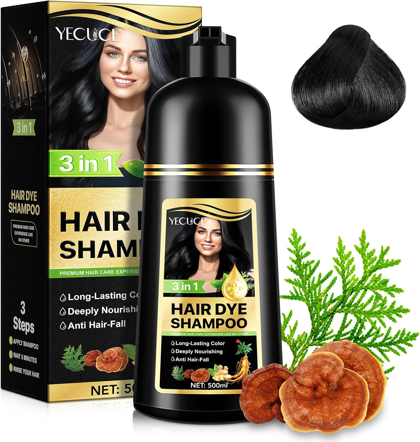 Black Hair Dye Shampoo 3 in 1, Natural Black Shampoo Hair Dye for Men and Women, Grey Hair, Easy to Use, 500Ml image number 3