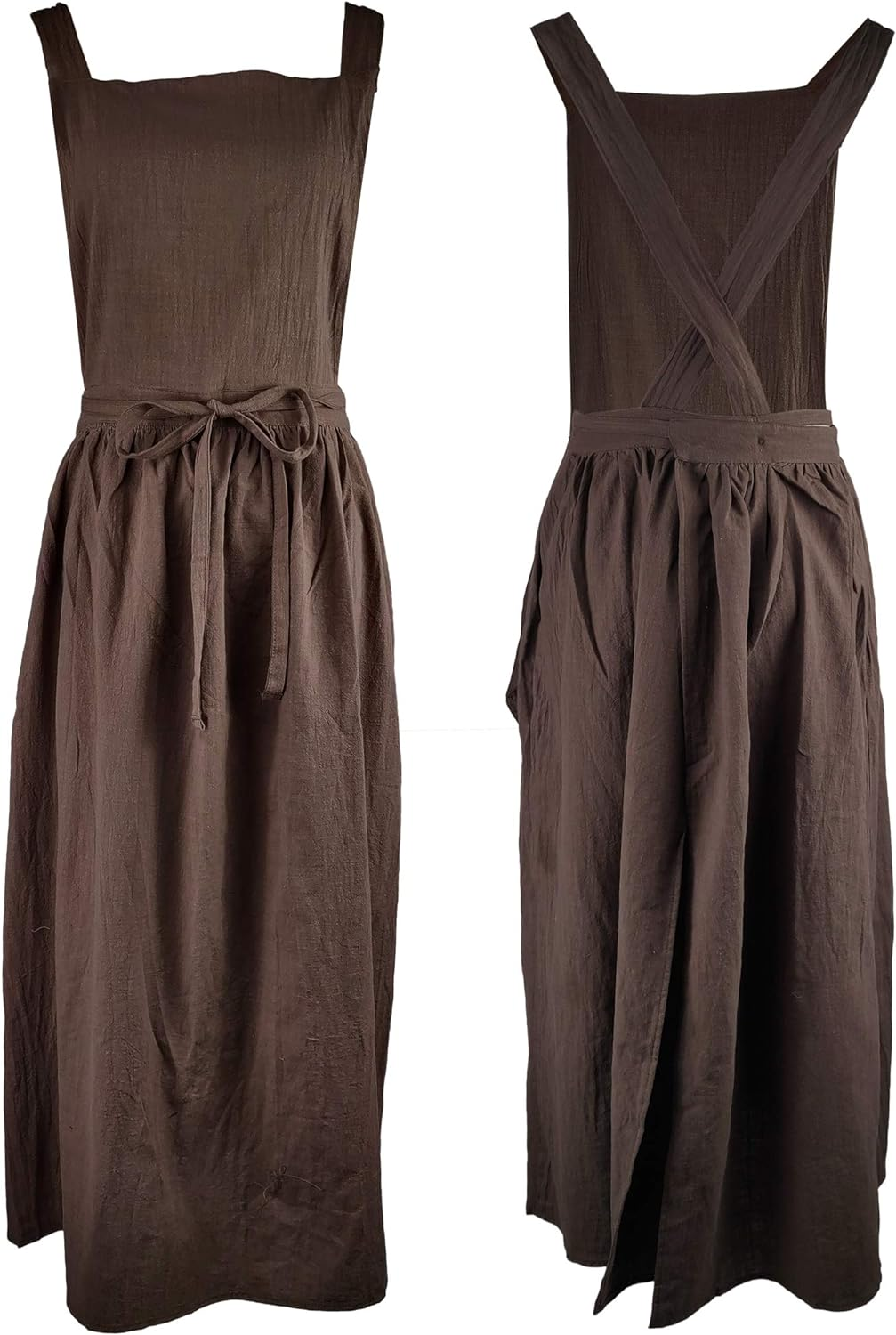 Pleated Cotton Long Apron X Back Kitchen Garden Florist Work Clothes Bib Dress