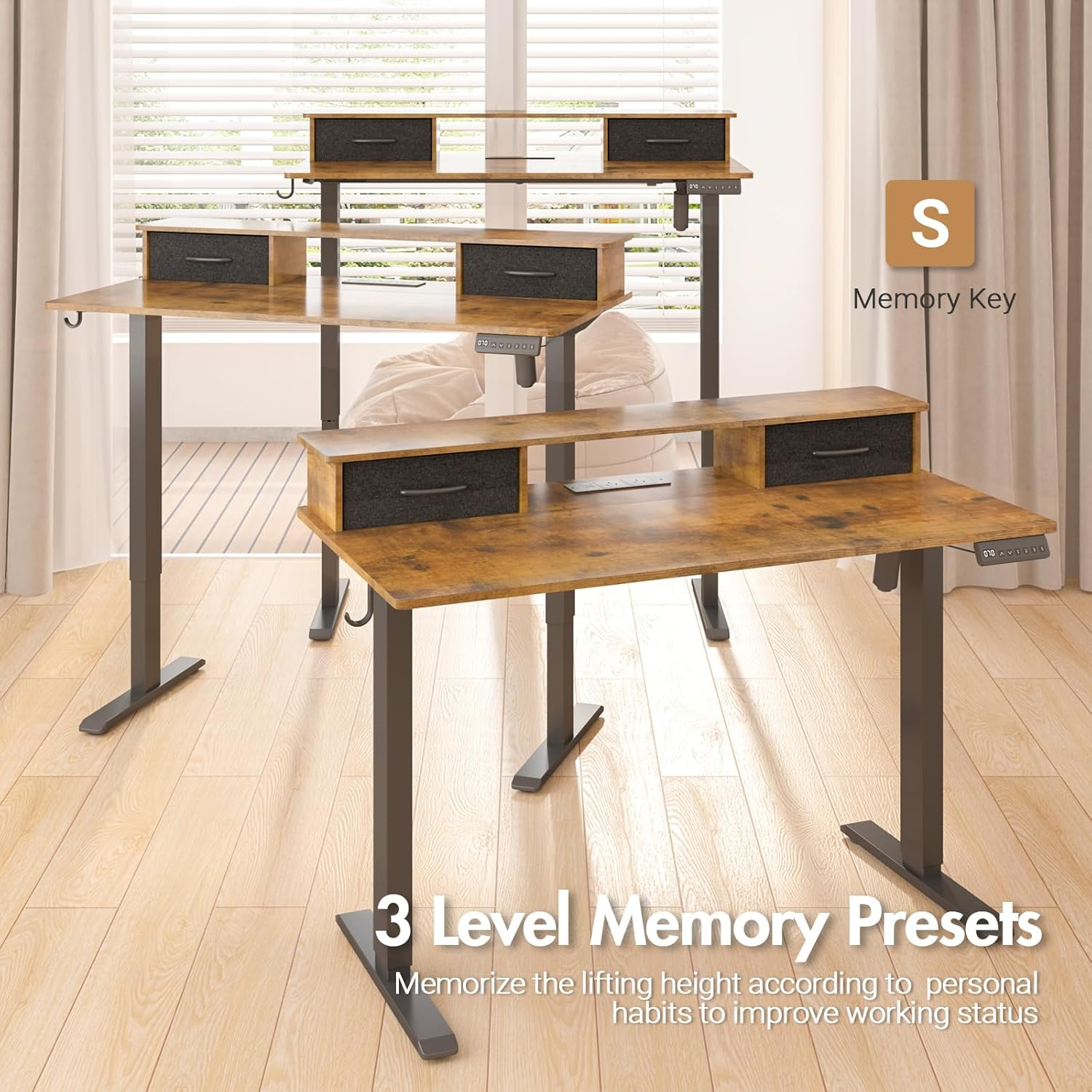 ADVWIN Electric Standing Desk with 2 Drawers, Adjustable Height Sit Stand up Desk with Storage Shelf, 120Cm Splice Board Walnut