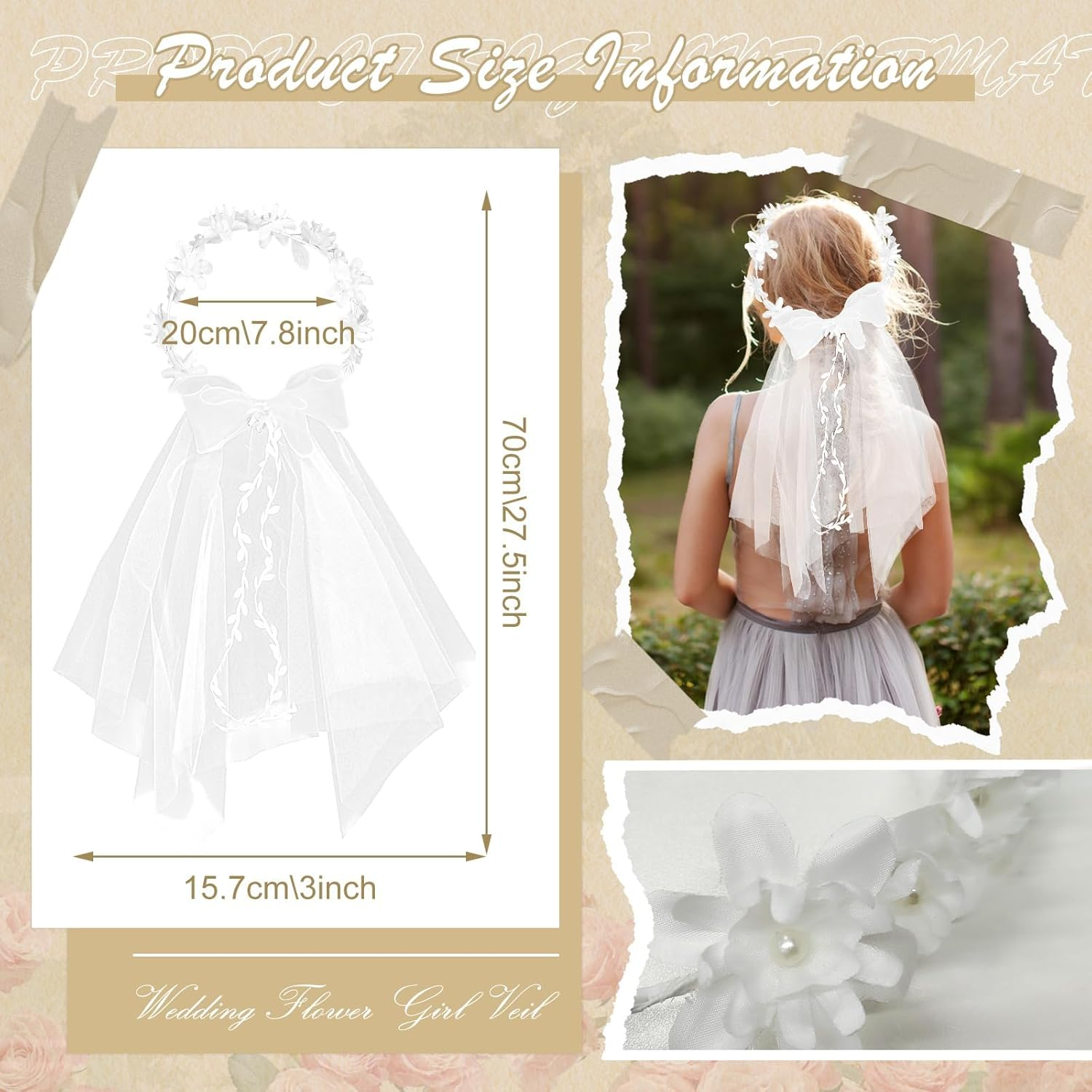 KERANEET Wedding Headband Flowers Headband Wedding Hair Accessories Communion Girls Flowers Headband White Girls Flower Headdress Wedding for Flower Girls and Bridesmaid image number 5