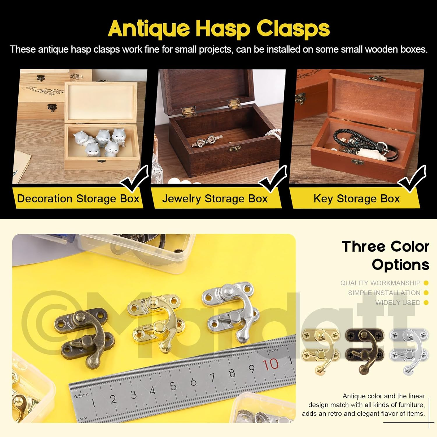 Mardatt 40Pcs Bronze Mini Box Hinges and 20 Sets Antique Right Latch Hook Hasp with 240Pcs Replacement Matching Screws Kit Jewelry Box Hasp Catch Swing Arm Latch for Decorative Cabinet Drawer image number 1