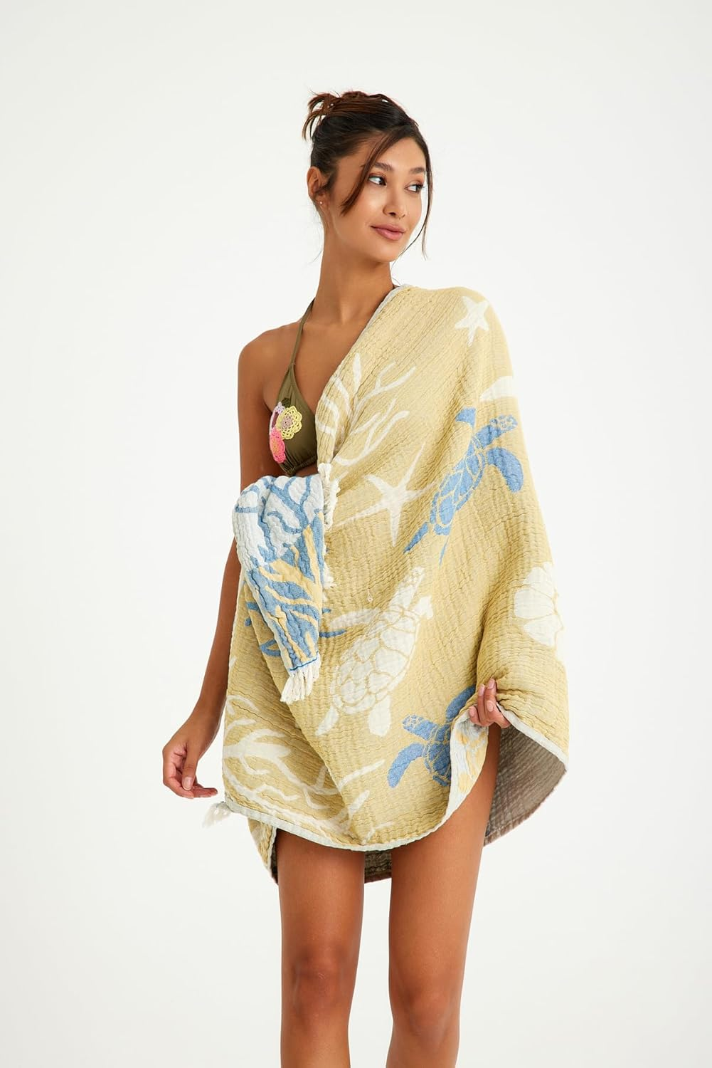 Barooga Beach Towel% 100 Premium Turkish Cotton, Turtle Print Prewashed Jacquard Towel for Bath, Beach, Pool, Sauna, Gym, Camping, Yoga, Spa, Quick-Dry (75X170 Cm) (Yellow) image number 3