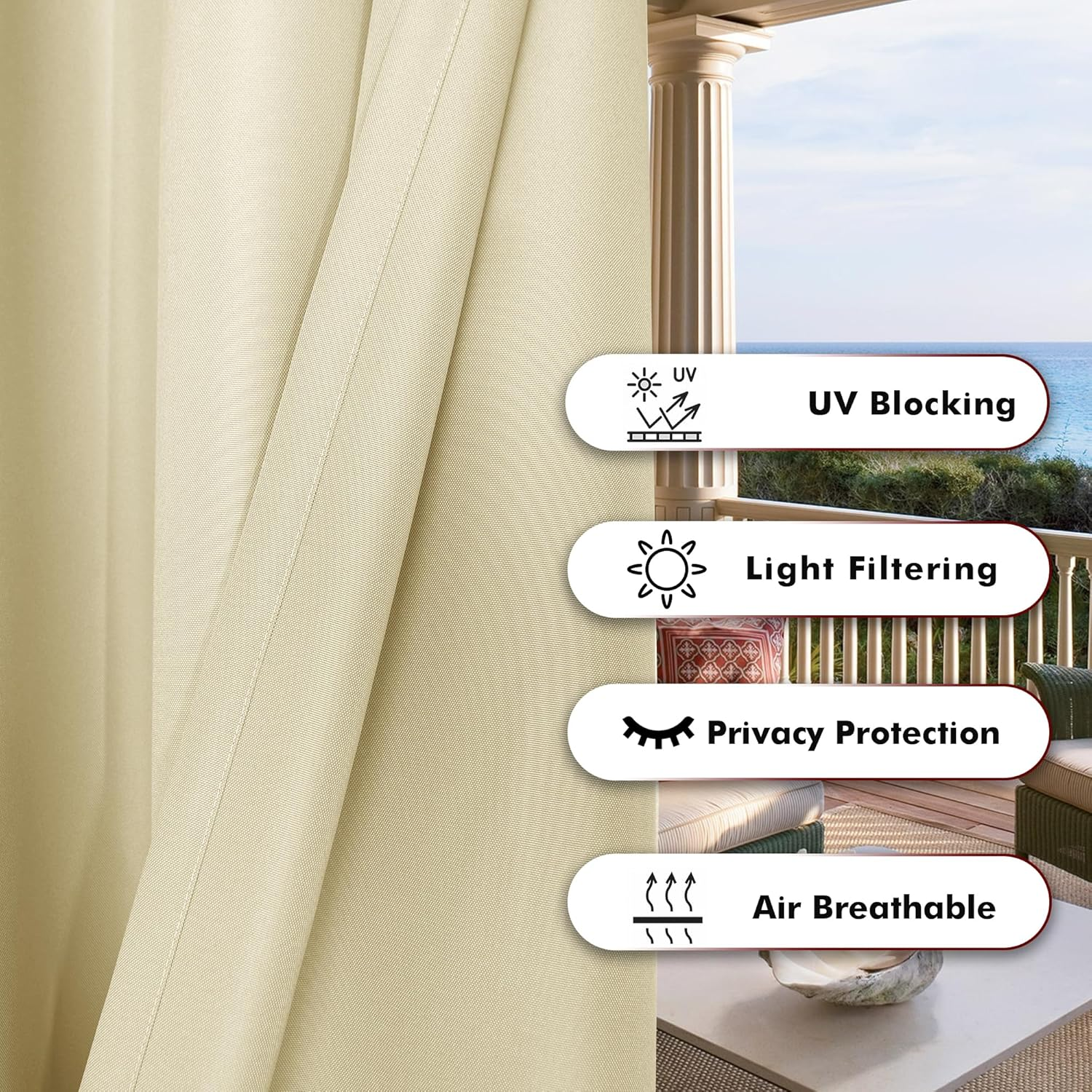 Bonzer Waterproof Outdoor Curtains for Patio, Premium Thick Privacy Weatherproof Grommet outside Curtains for Porch, Pergola, Cabana, 1 Panel, 54W X 84L Inch, Cream image number 5