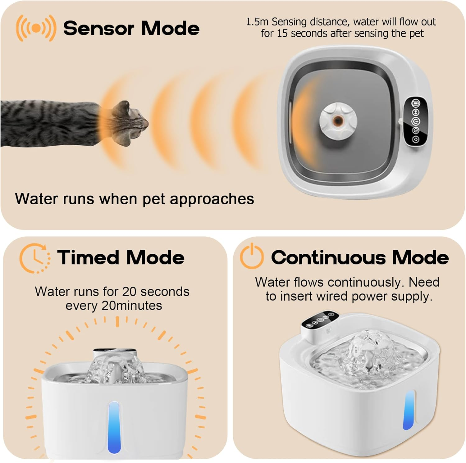 TUXOIUBA Wireless Cat Water Fountain, 3.2L Large Capacity Drinking Fountain with Motion Sensor, Cordless Automatic Pet Water Fountain with Stainless Steel Tray, Easy to Clean Bpa-Free and 3 Modes image number 1