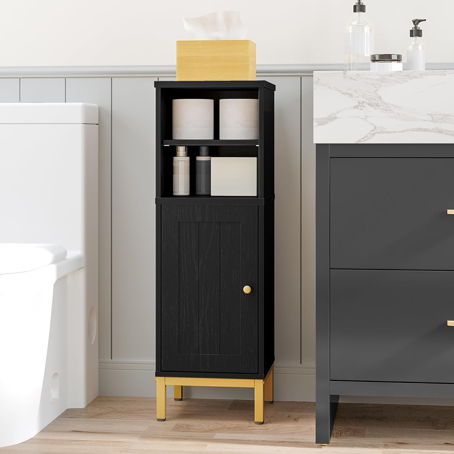 Hzuaneri Bathroom Storage Cabinet, Corner Floor Cabinet with Shelves, Customized Door Opening Direction, Bathroom Organizer with Adjustable Shelf for Kitchen, Living, Toilet Paper Cabinet, White Brown