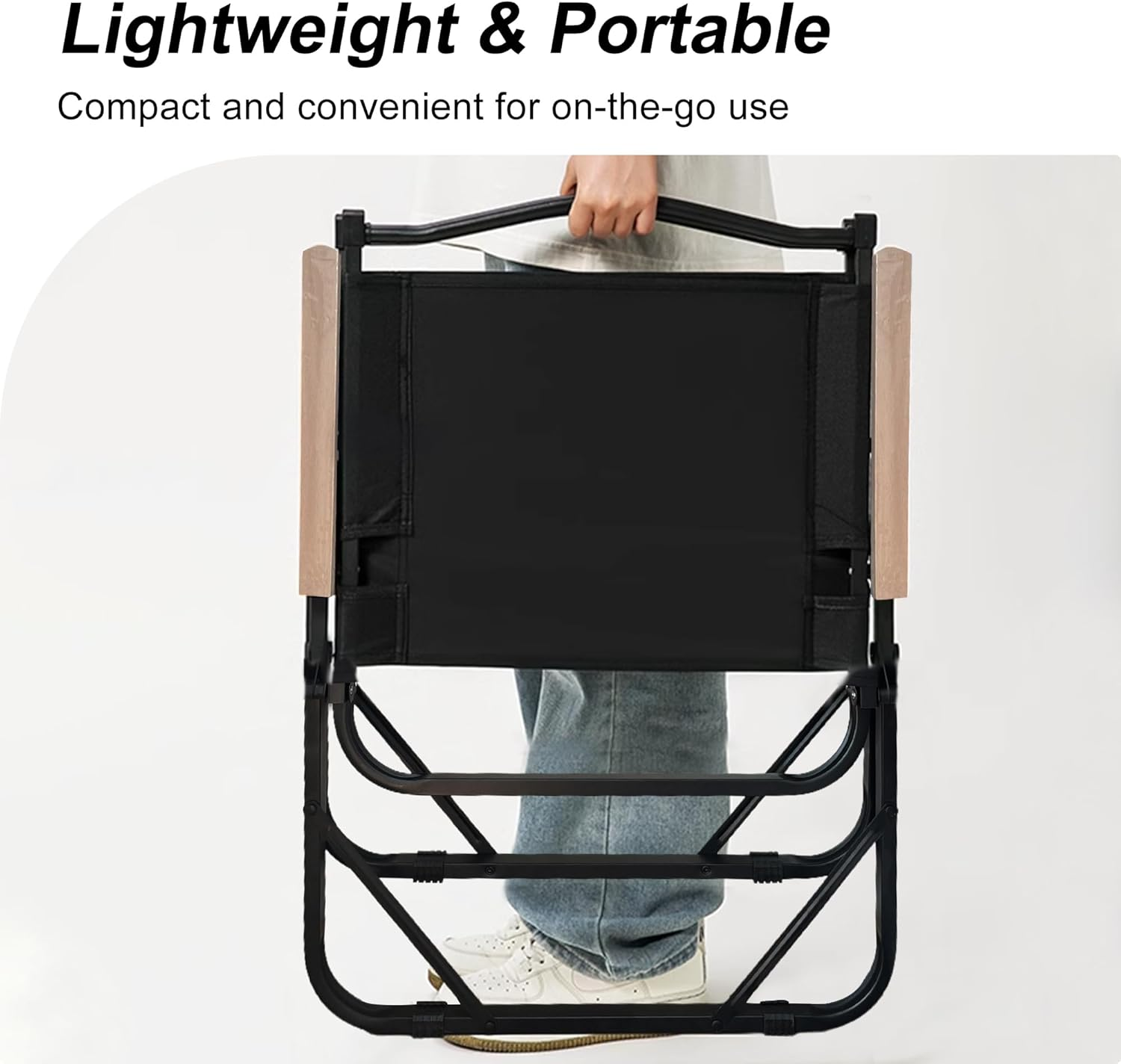 Folding Camping Chair - Lightweight, Portable & Sturdy with Wooden Armrests - Durable Outdoor Chair Camp Seat for Adults, Beach, Picnic, and Patio (Black) - Black image number 4