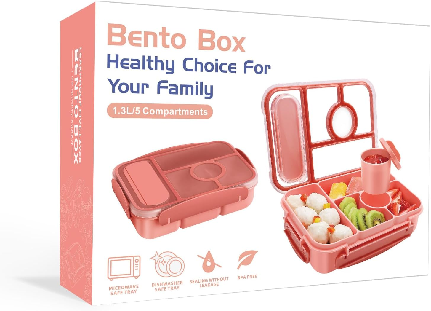 Bento Lunch Box Kids,Leakproof Lunch Containers for Adults/Kids/Toddler,5 Compartments Bento Box with Sauce Vontainers,Microwave & Dishwasher & Freezer Safe,Bpa-Free (Pink) image number 4