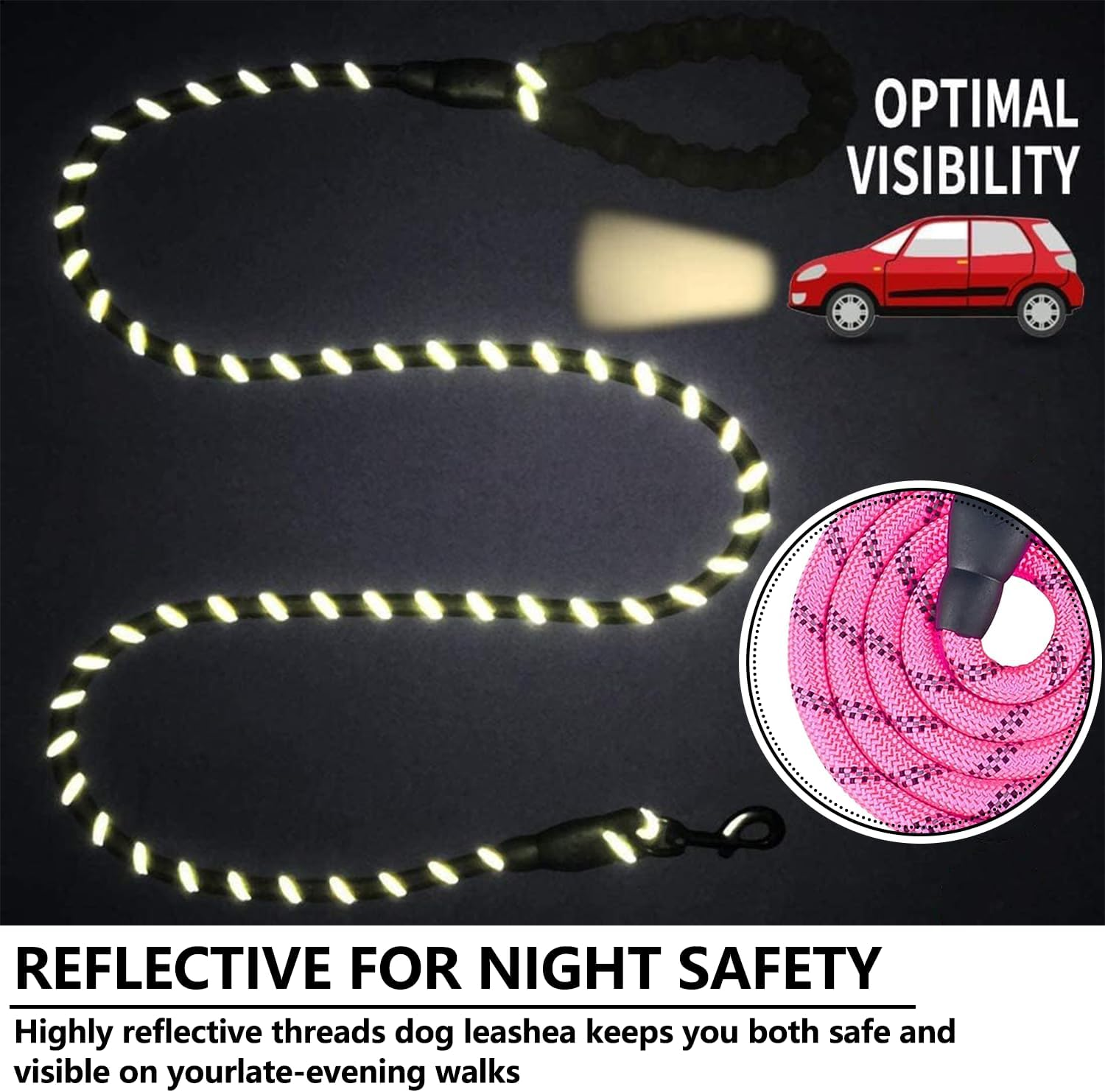 Dog Leash with Double Handles and High Reflective Dog Leash, Non-Slip Pet Dog Leash, Suitable for Small, Medium and Large Dogs (1.2Cm*1.5M, Pink) image number 2