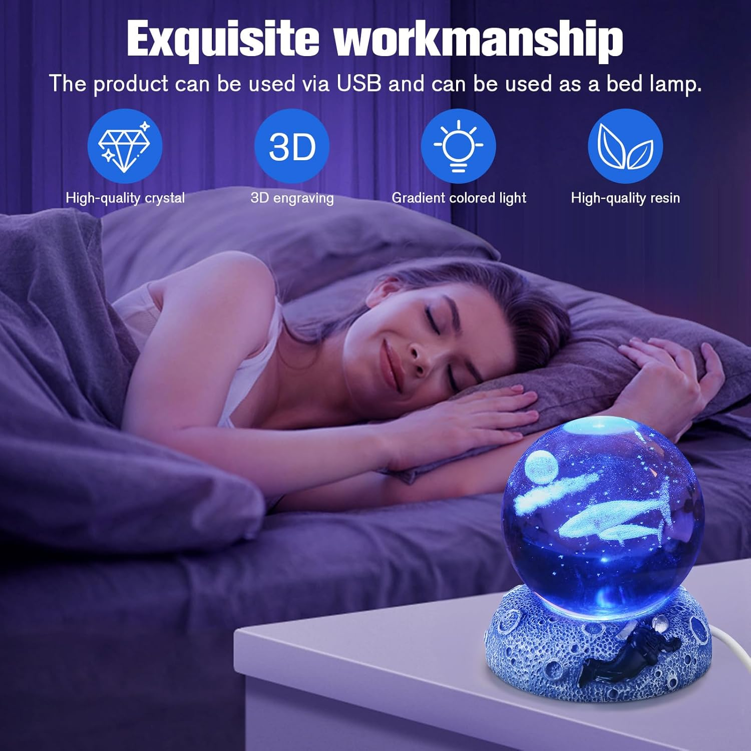 3D Crystal Ball Night Light USB Cool Lamp with LED Lighted Base (Whales) image number 4