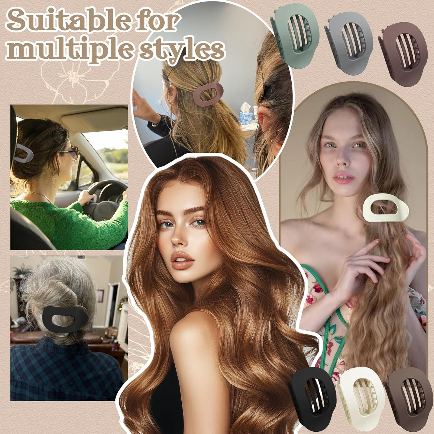 TZEKING Pack of 6 Hair Clips for Women, Flat Claw Clip, Thin Hair, Non-Slip Hair Clip, Strong Hold Side Hair Clips for Thick and Thin Hair