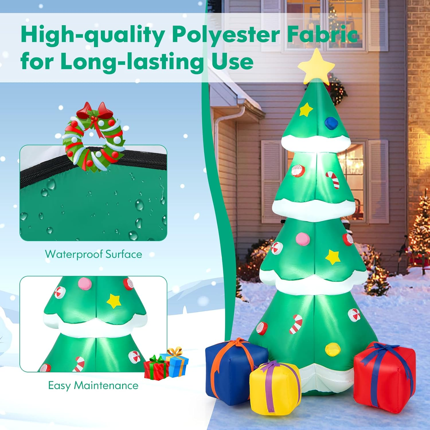 Costway 180CM Inflatable Christmas Tree, Blow-Up Xmas Tree Decoration with Gift Boxes, Built-In LED Light & Waterproof Blower, Holiday Party Decoration for Courtyard, Lawn, Garden image number 4