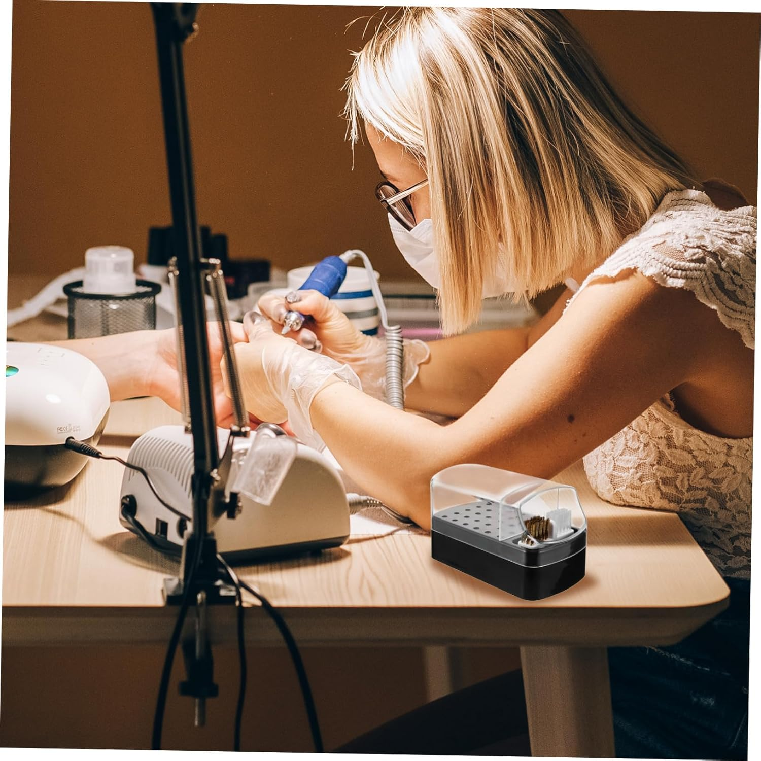 Nail Drill Bit Storage Container with 30 Holes Black Manicure Organizer Box Dustproof Display Case for Professional Nail Technicians with Cleaning Brush image number 1