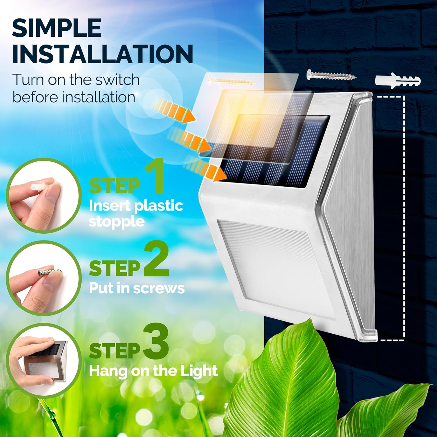 GIGALUMI 12 Pack Solar Fence Lights Outdoor, Waterproof LED Step Lighting Stainless Steel Solar Powered Lights for Step, Stairs, Pathway, Garden (Cold White) image number 5