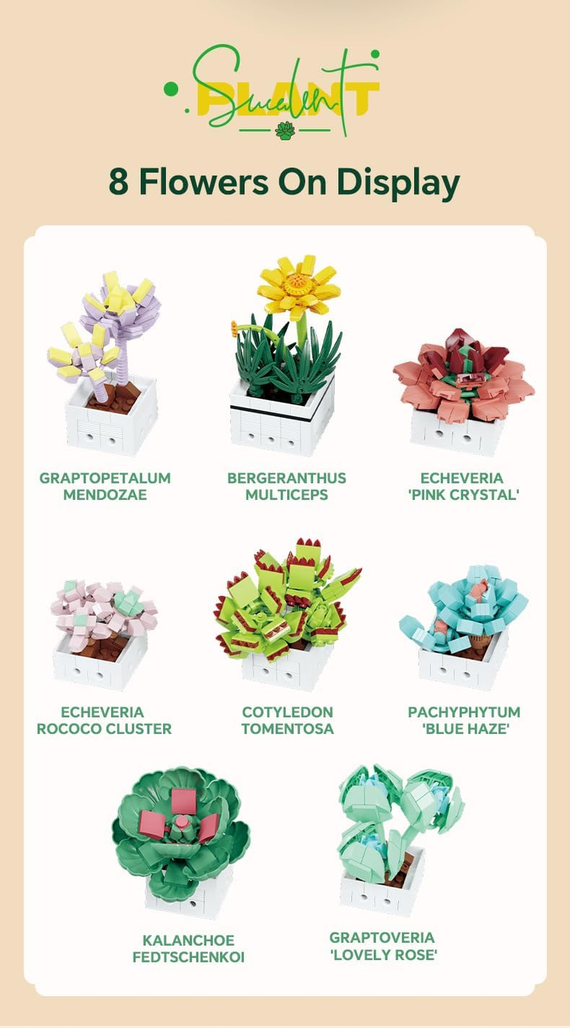 WOMA Succulent Flowers Building Block Set, Botanical Building Blocks for Child 6 and Up, Succulents Bonsai Building Toys, Creative Flowers Building Project for Adults, 977 PCS Easy to Build