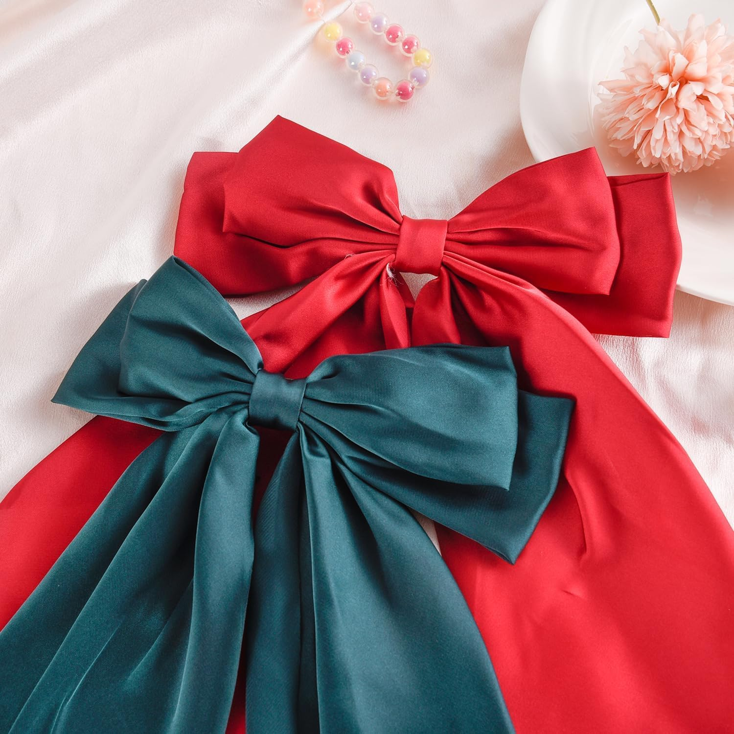 Pack of 1 Bow Hair Clip, Big Bowknot Hairpin with Long Silky Satin, Plain French Barrette for Women and Girls (Dark Green) image number 4