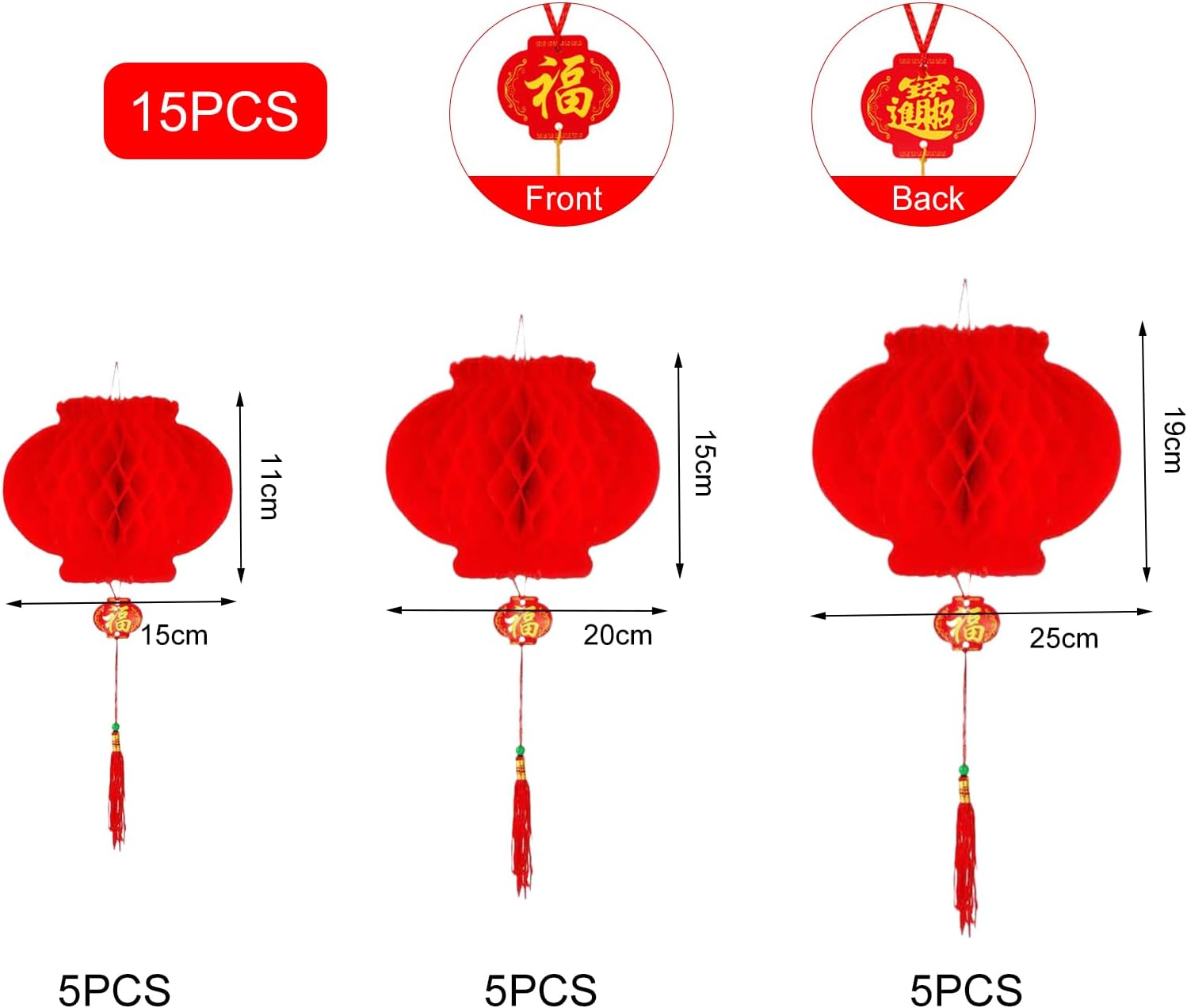 Chinese Lanterns, Plastic Paper Lantern, Red Hanging Lanterns, Red Lanterns, Red Paper Lanterns, Foldable Waterproof for Chinese Spring Festival Festive Decoration, Pack of 15 image number 2