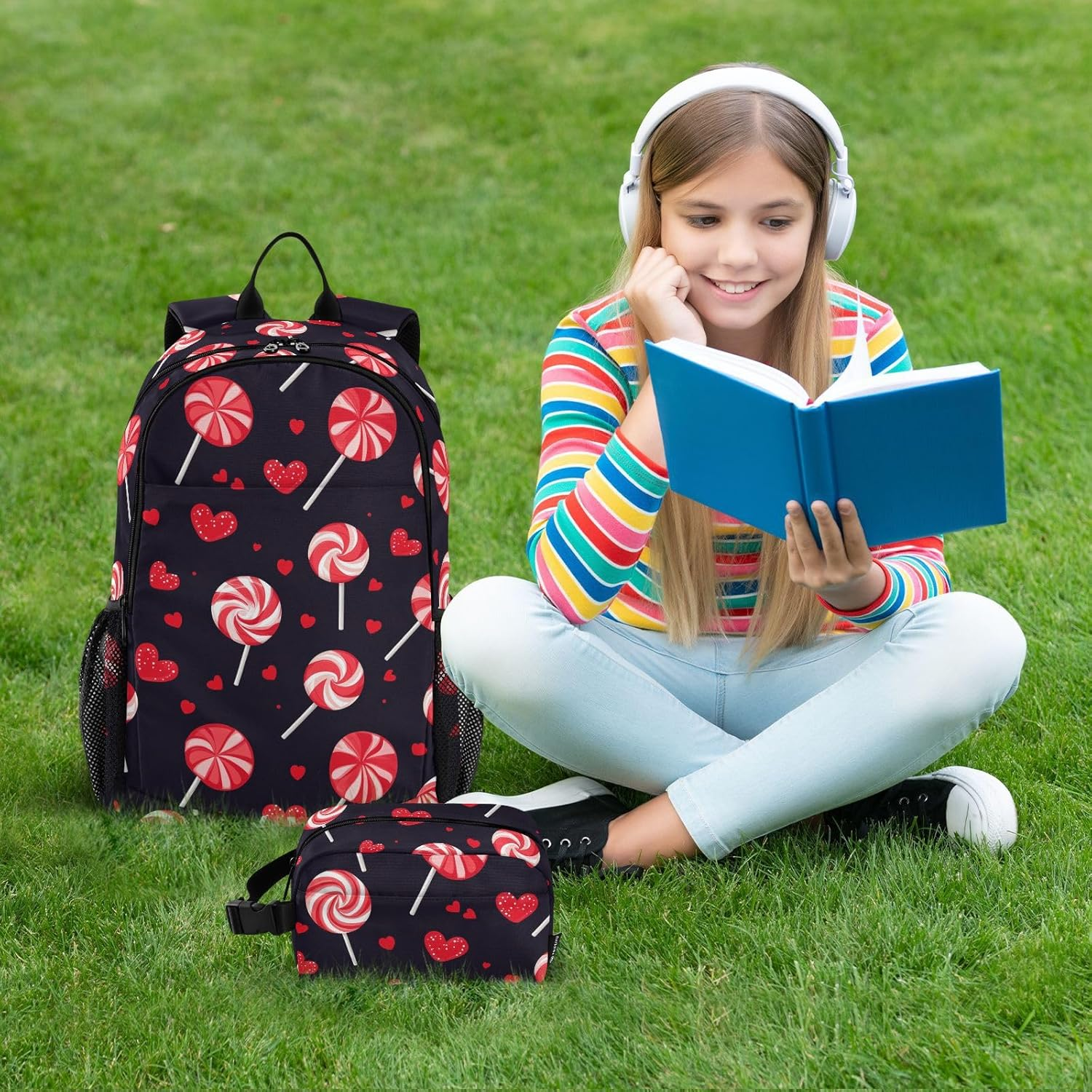 Lollipop Vintage Valentine'S Day Red Black Boys Backpacks with Lunchbox Bookbags with Lunchbox for Boys Boy School Backpack with Lunch Box 10-12, Lollipop Vintage Valentine'S Day Red Black, 1 image number 1